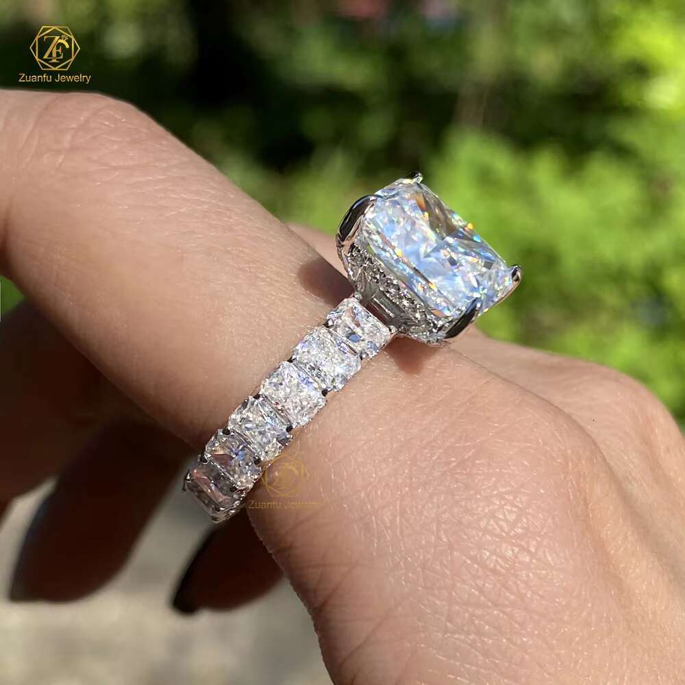 925 Sterling Silver Women Radiant Cut 9*11mm 5carat and 3*4mm Full Moissanite Engagement Wedding Ring