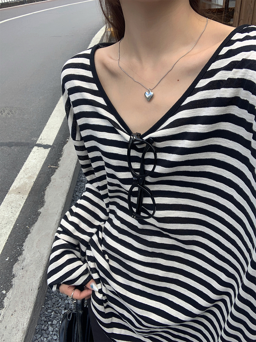 HM145 Summer Korean style loose lazy style striped t-shirt female sunscreen blouse top female