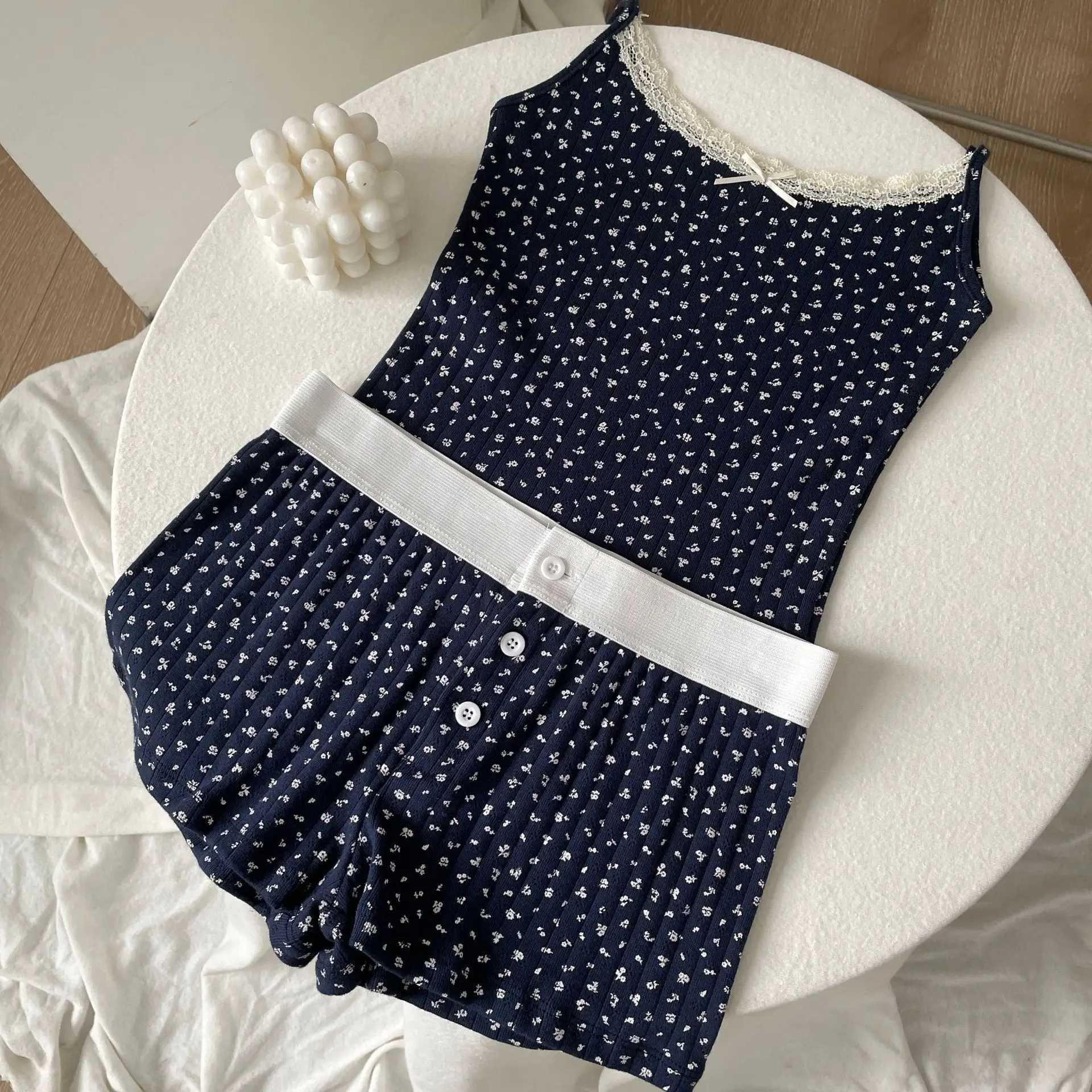 Floral Print Eyelet Camisole Women Lace Trim Bow Sleeveless Slim Tank Tops Summer New Sweet Chic Vintage Vest Crop Top Y2kXJ250508