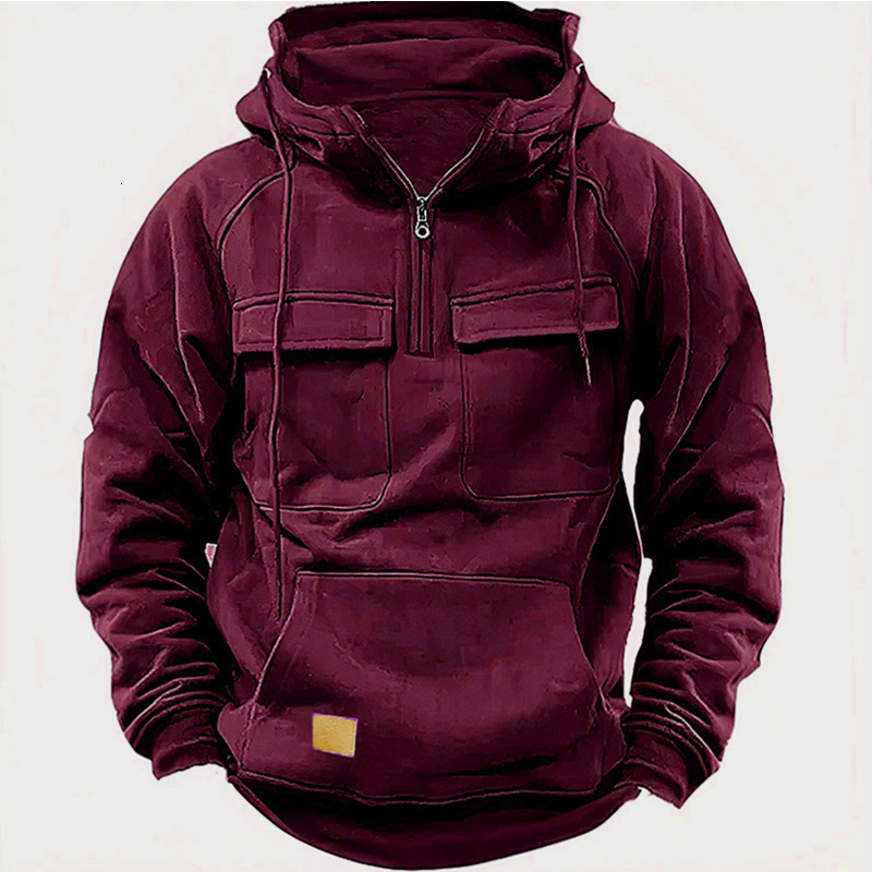 Spring and Autumn new men's hooded solid color hoodie, youth sports multi pocket patch leather hoodie jacket