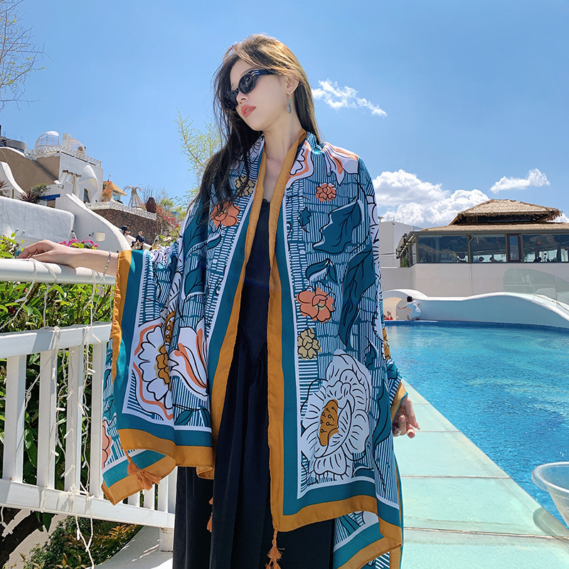 K668 Cross-border summer ethnic style shawl outerwear beach towel women 2024 new travel sunscreen silk scarf tassel long scarf