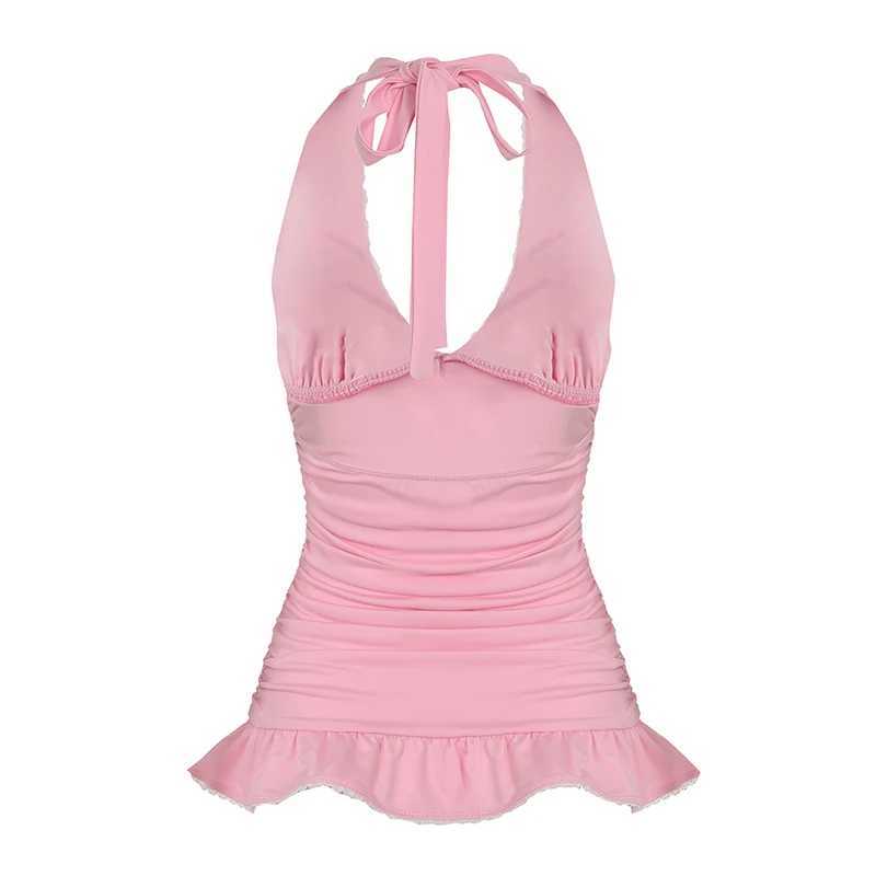 Rockmore pink sweet camisole top womens shirt ultra-thin Camisol Y2k fashionable sleeveless V-neck ruffle backless vest FairycoreXJ250508