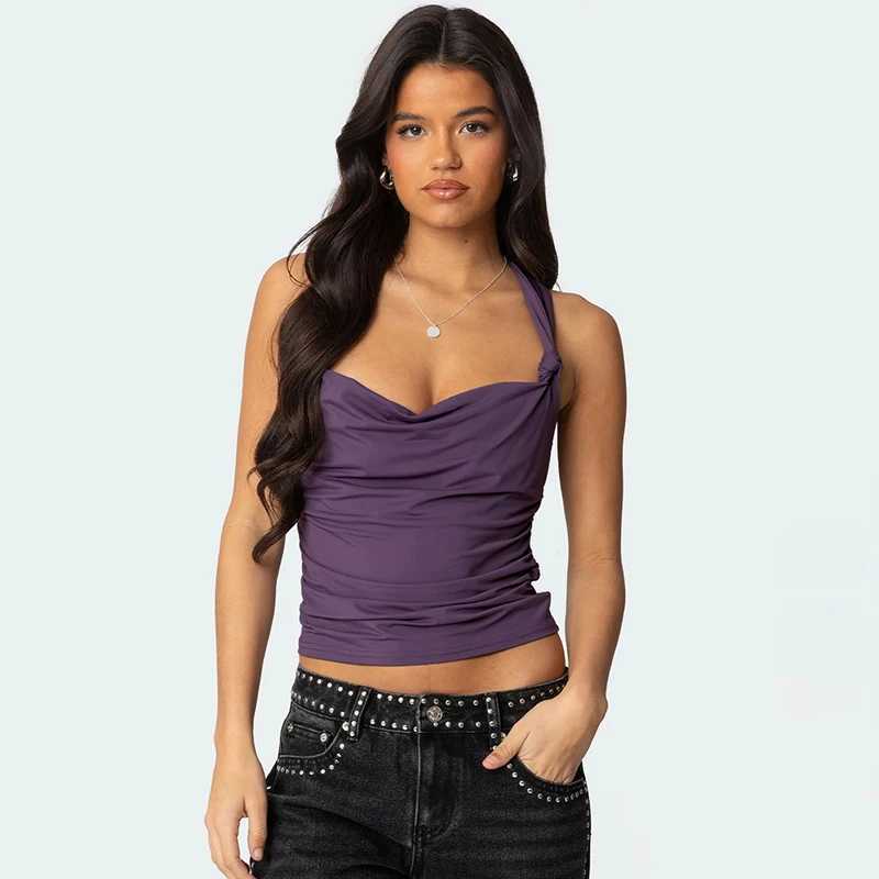 CUTENOVA Solid Color Hottie Girls Low Cut Tank Top Pleated Cross Backless Hollow Out Short Camisole Tank Top Womens Summer NewXJ250508