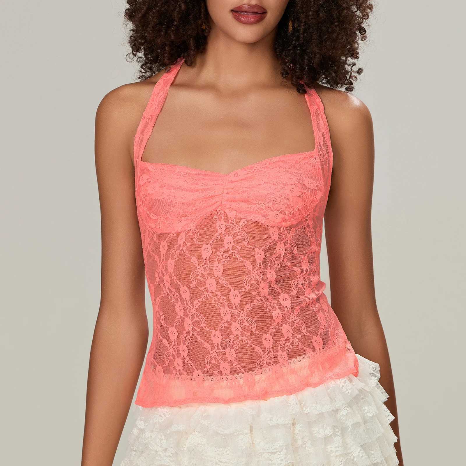 Women Y2k Aesthetic Sleeveless Lace Camisole Tie-Up Halter Neck Tank Tops Summer Vintage Backless Lace Crop Tops Going Out TopsXJ250508