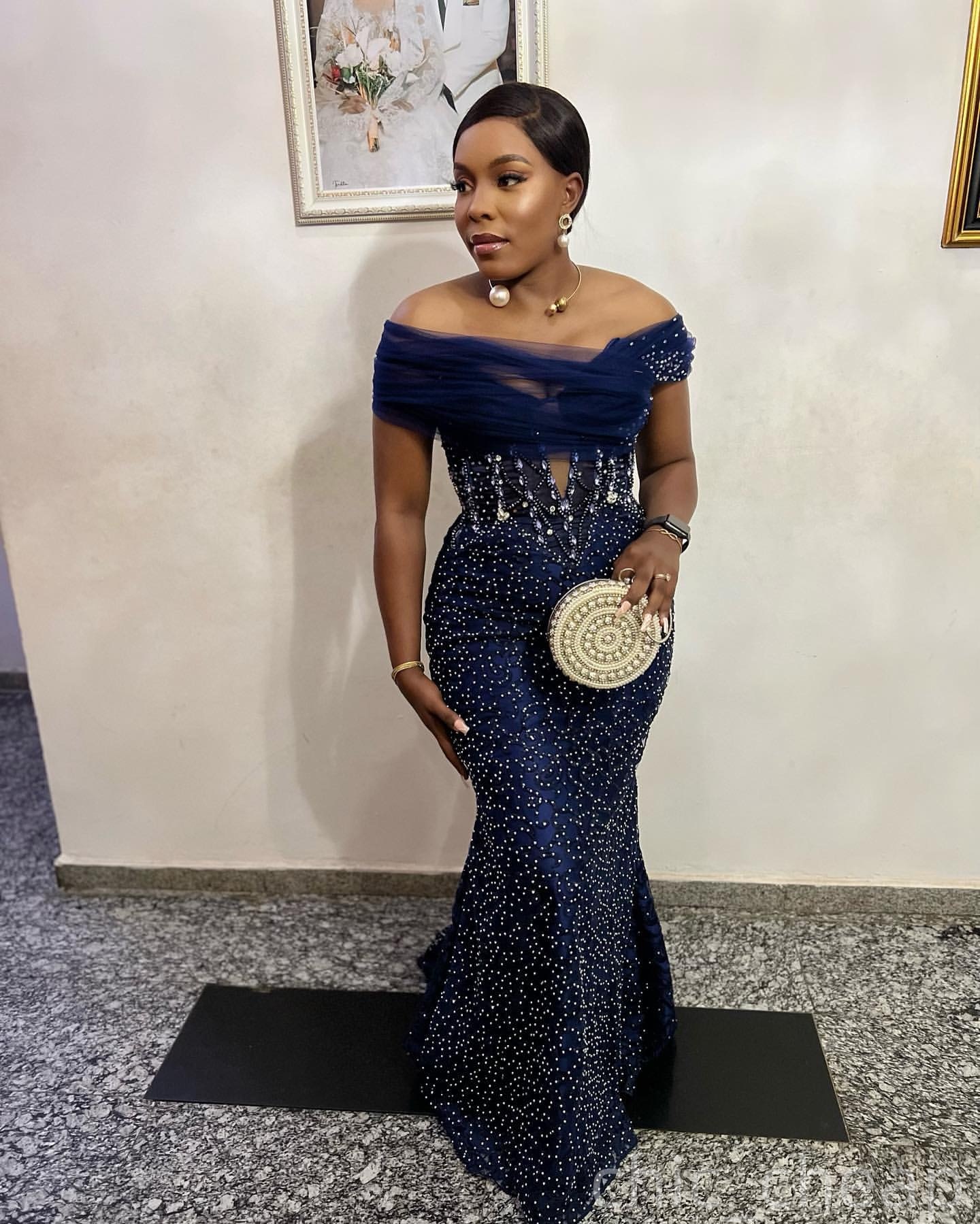 Navy Blue Mermaid Plus Size Prom Dresses 2025 Portrait Sequined Crystals Evening Formal Party Second Birthday Engagement Gowns Dress For Special Occas