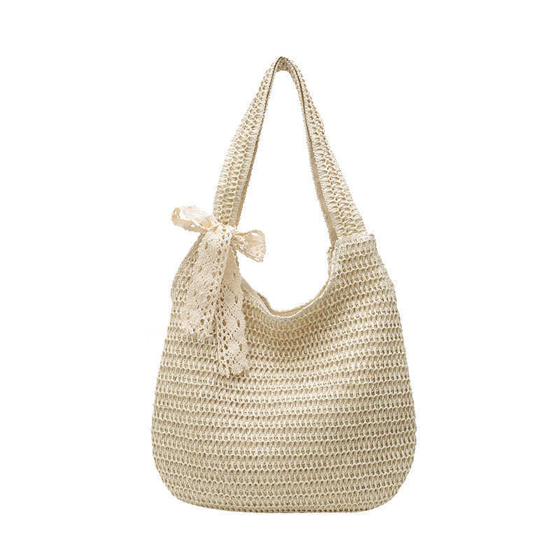 Summer fashion trend beach shoulder bag woven hand-held tote bag woven vegetable basket silk scarf bow women's bag