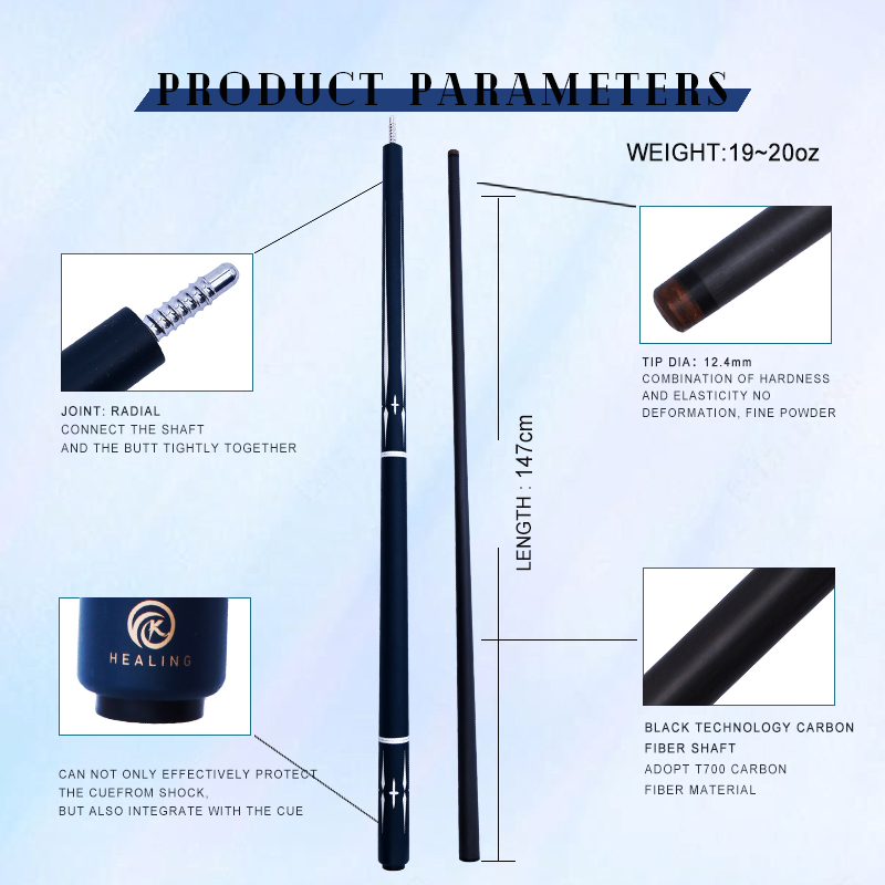 OKHEALING 1/2 Split Play Cue 12.4mm Tip Diameter Pool Cue Carbon Fiber Billiard Cue Radial Pin Joint Weight Adust 19~20oz Pool Cue Stick