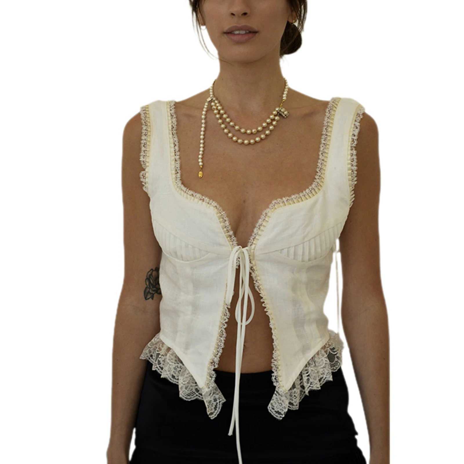 Women Casual Floral Lace Vest Tops Sleeveless Low-Cut Tie-Up Chest Vintage Summer Y2K Camisole Tank TopsXJ250508