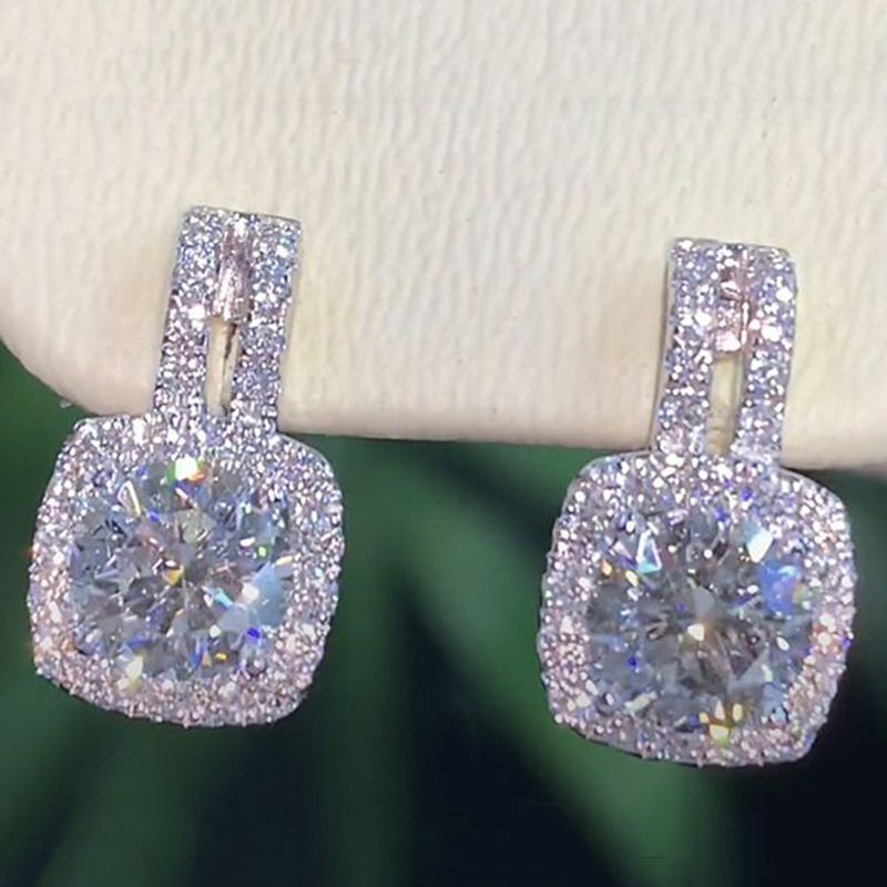 Classic Stud Earrings Women Round Cut Cubic Zirconia Stud White Gold Set Sparkling Crystal Stud Earrings Pink Diamond Earrings Luxury Jewelry