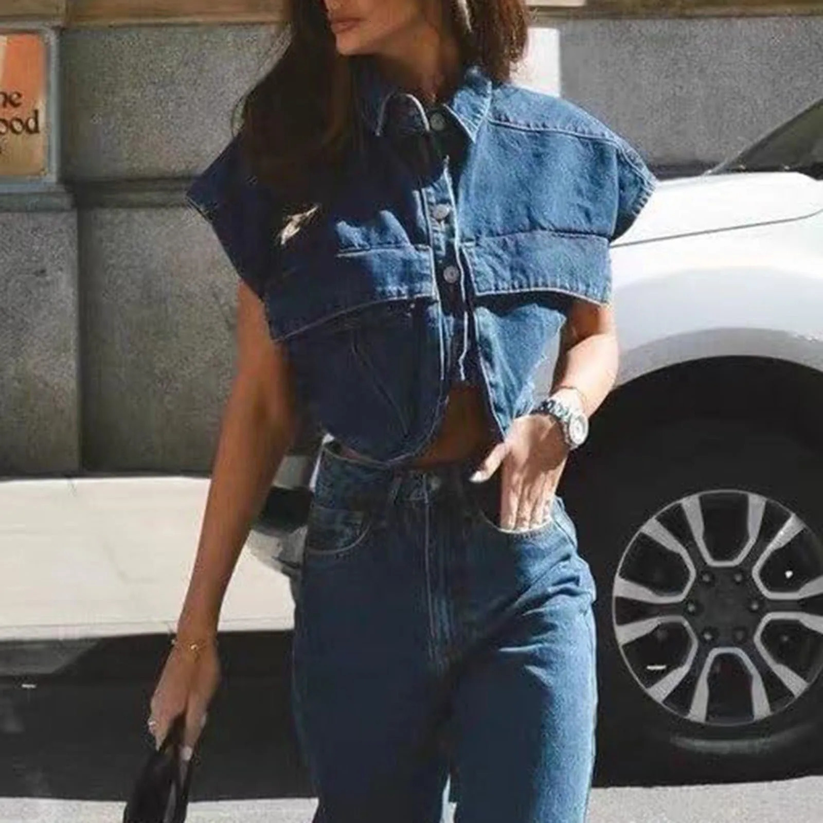 Womens casual denim vest with oversized buttons asymmetrical hem sleeveless jacket cropped pockets 250430Z