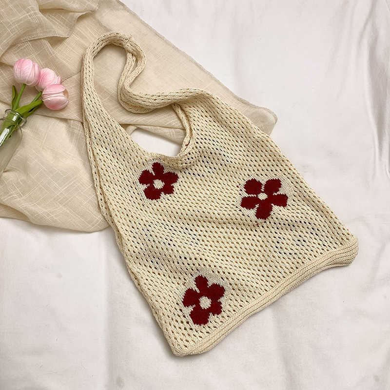 Bag Japanese and Korean Ins Single Shoulder Cotton Thread Knitted Bag Handbag Flower Beach Vacation
