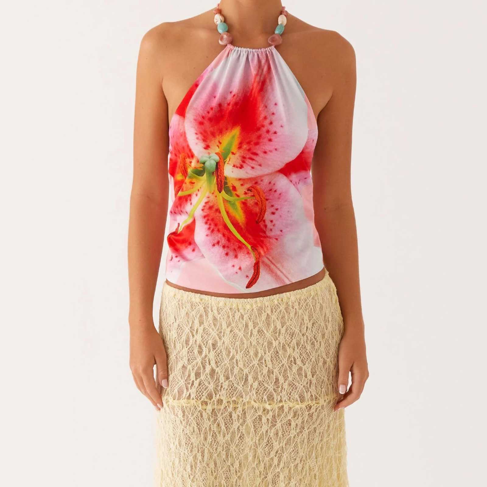Women Floral Halter Crop Tops Sexy Cami Tops Female Slim Tie-up Open Back Camisoles Summer Female Sleeveless StreetwearXJ250508