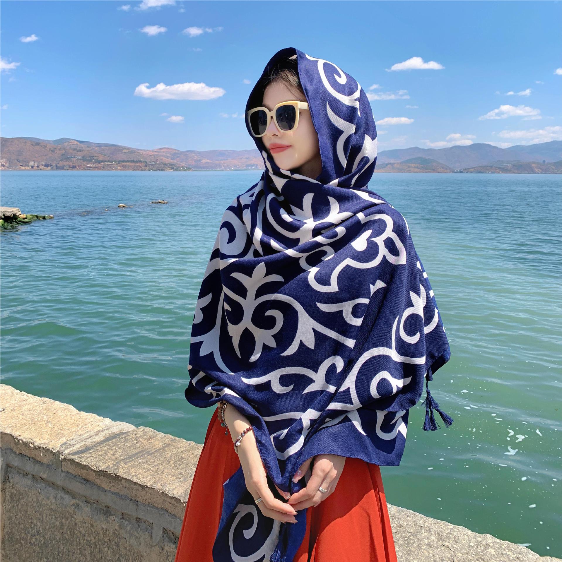K669 Bright rose red silk scarf for women, travel vacation photo shawl, beach sunshade, windproof and sun-proof beach towel
