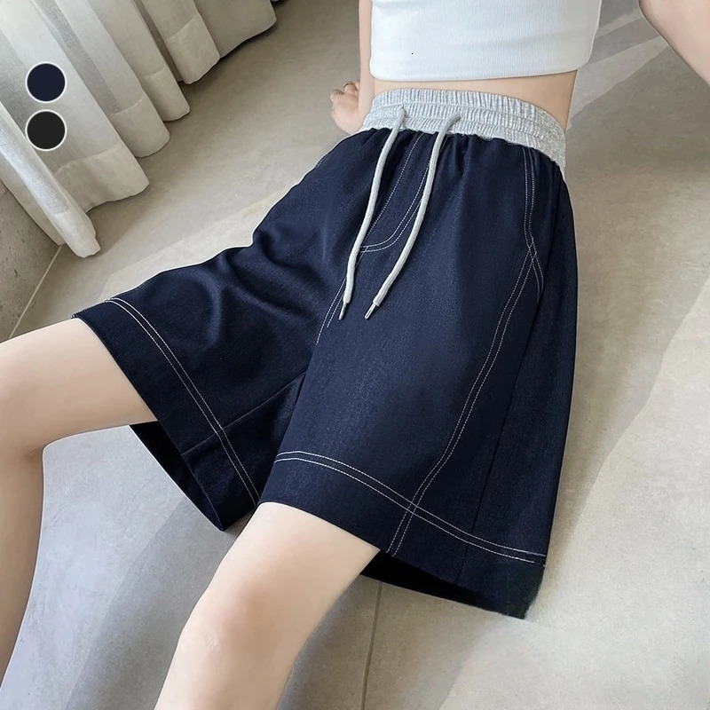Summer Vintage IckSilk Patchwork Womens Wide Leg Shorts 2025 High Waist Korean Laceup Casual Loose Short Pants Female 250506Z