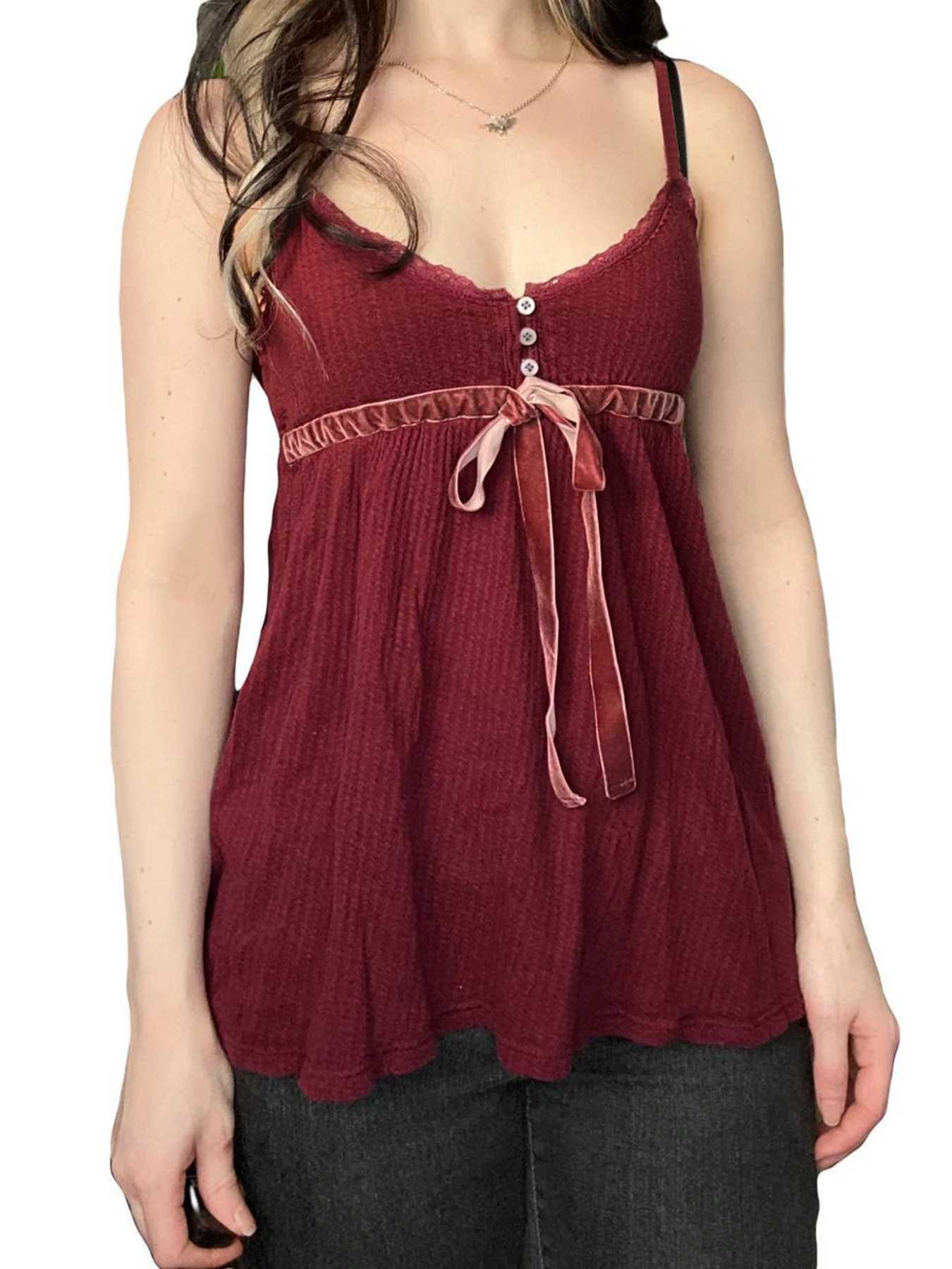 Cuteandpsycho Sweet Bow Lace Camisoles Vintage Harajuku Chic Backless Red Tops Y2K Aesthetic Sleeveless Buttons Womens OutfitsXJ250508