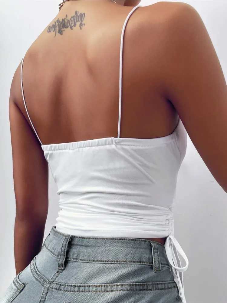 Womens Solid Tank Top V Neck Camisole Cami Drawstring Spaghetti Strap Top Sleeveless Blouse Tank Shirt New Summer Crop TopXJ250508