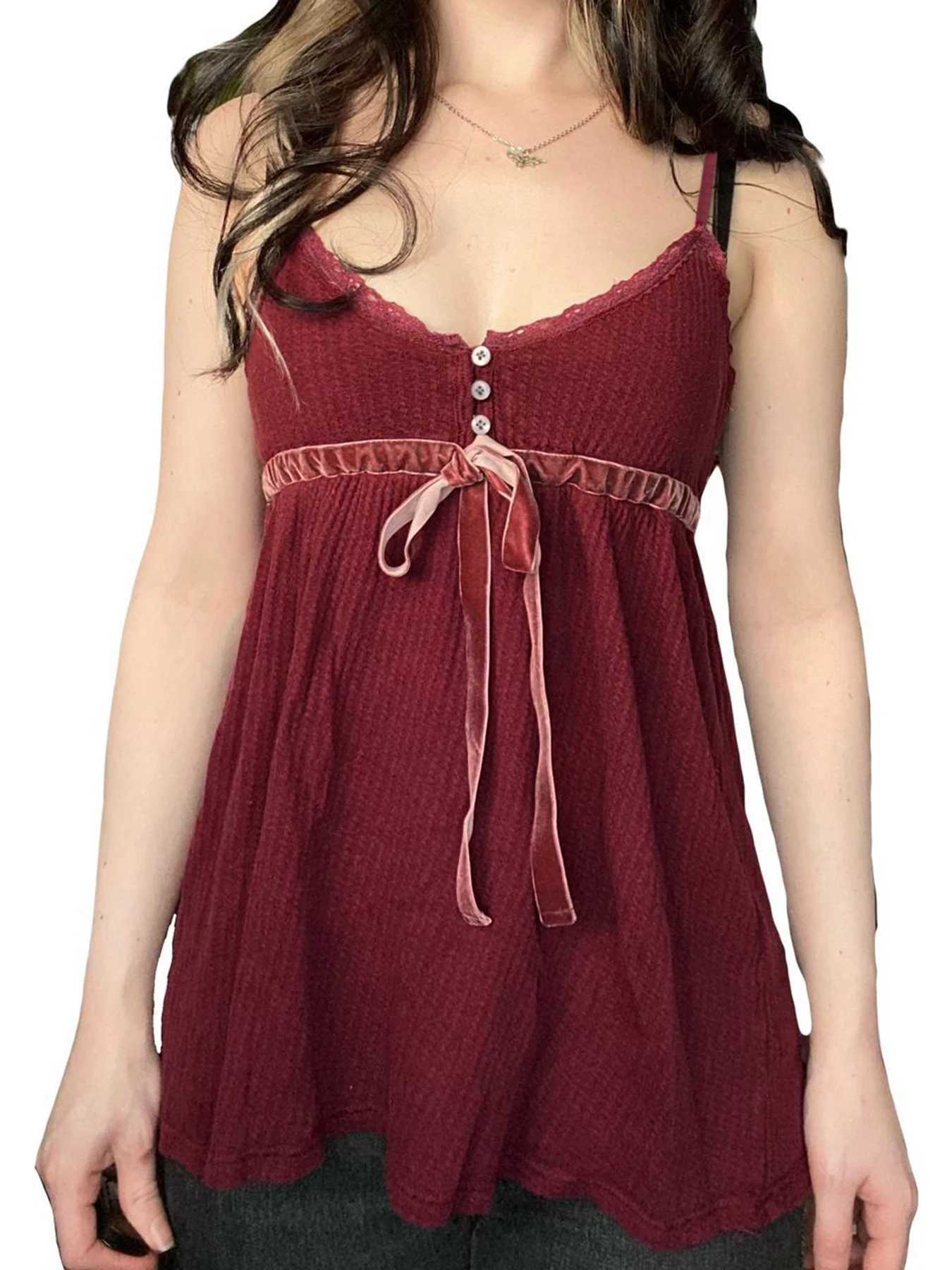 Cuteandpsycho Sweet Bow Lace Camisoles Vintage Harajuku Chic Backless Red Tops Y2K Aesthetic Sleeveless Buttons Womens OutfitsXJ250508