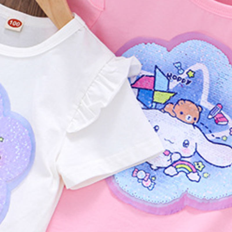 DISNEY Frozen Princess Elsa kids designer clothes Girl summer short-sleeved T-shirt double-sided color-changing sequins children thin cotton top.