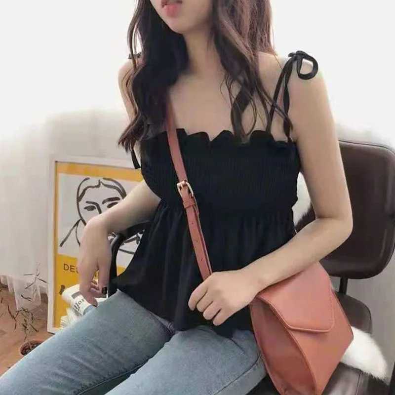 Xpqbb Black White Bow Bandage Tank Top Women Summer Folds Backless Camisole Female Sweet Cute Ruffles Sleeveless Cropped VestXJ250508
