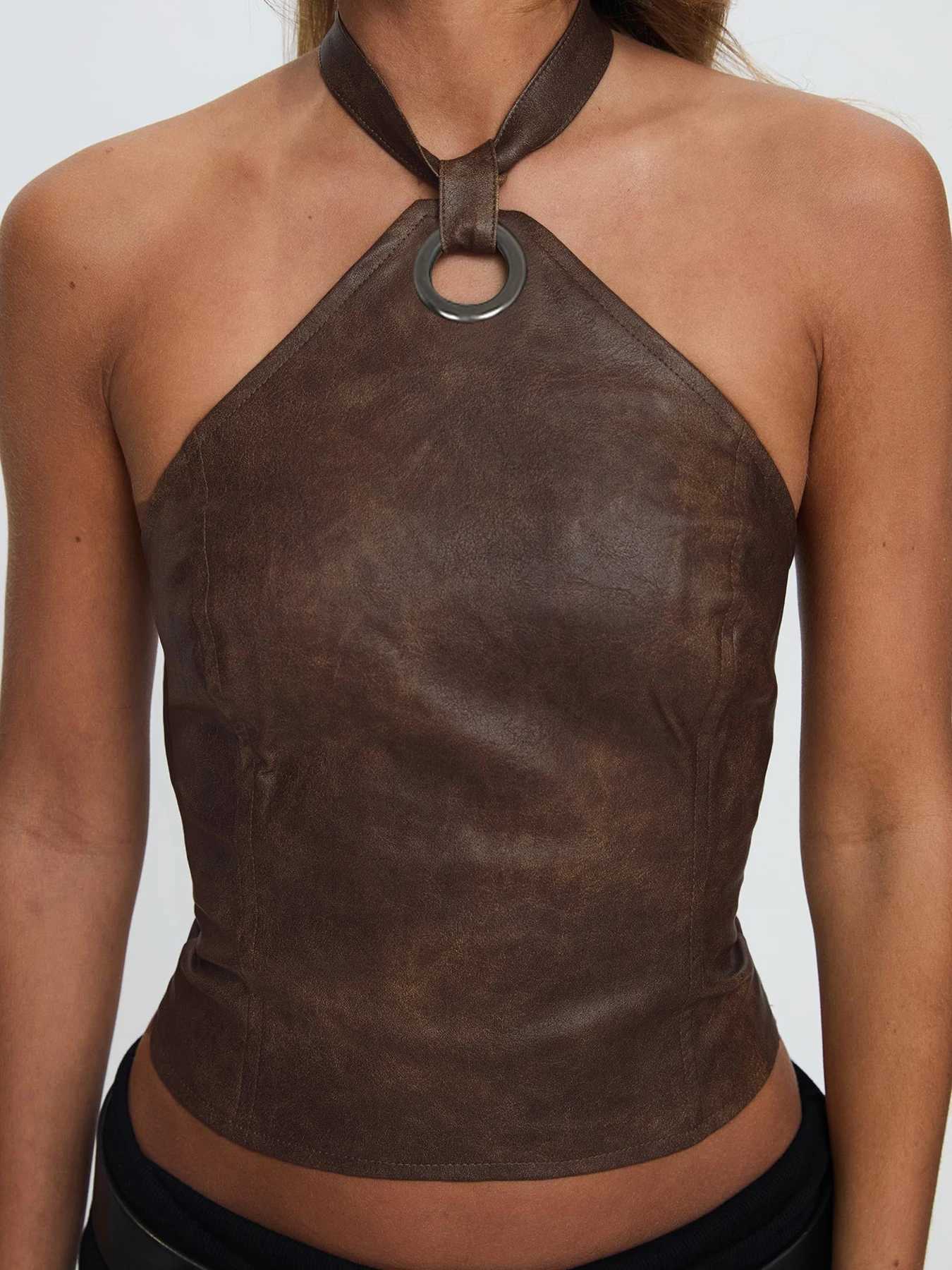 Cuteandpsycho leather backless bow sexy camisole top retro Harajuku punk streetwear Camisol bodysuit summer aesthetic setXJ250508