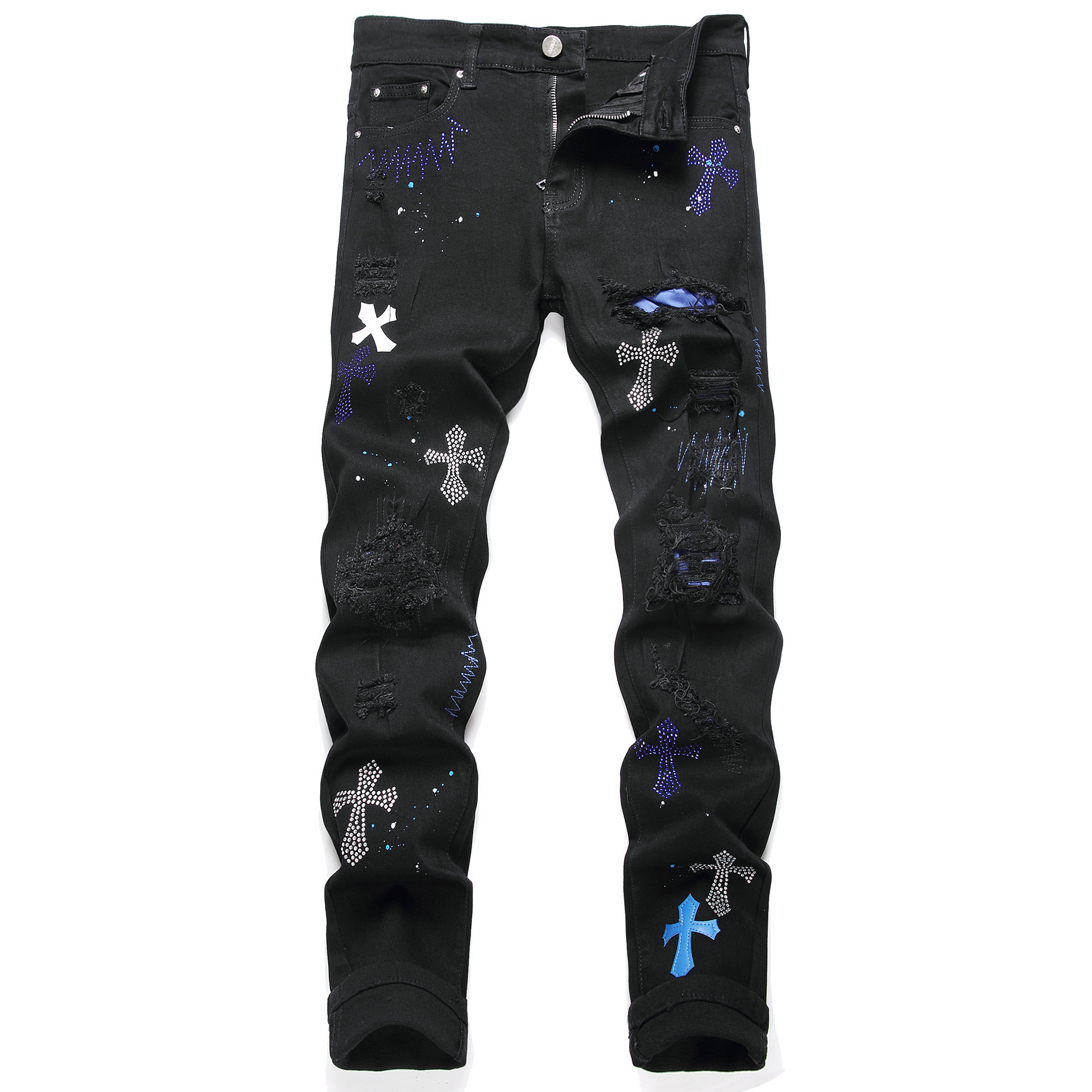 AM brand style slim fit elastic puncture embroidery tight fitting men's trendy denim pants