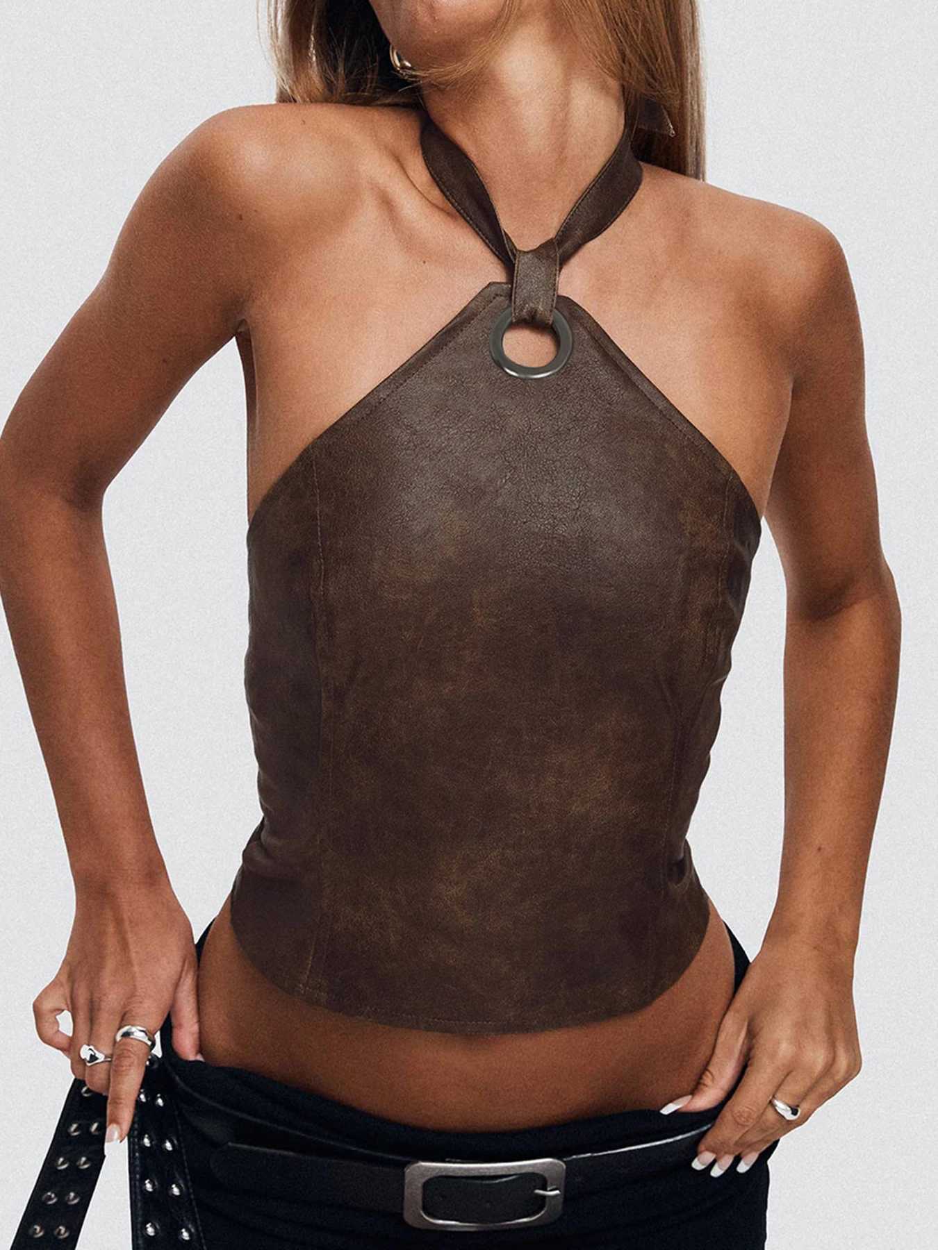 Cuteandpsycho leather backless bow sexy camisole top retro Harajuku punk streetwear Camisol bodysuit summer aesthetic setXJ250508