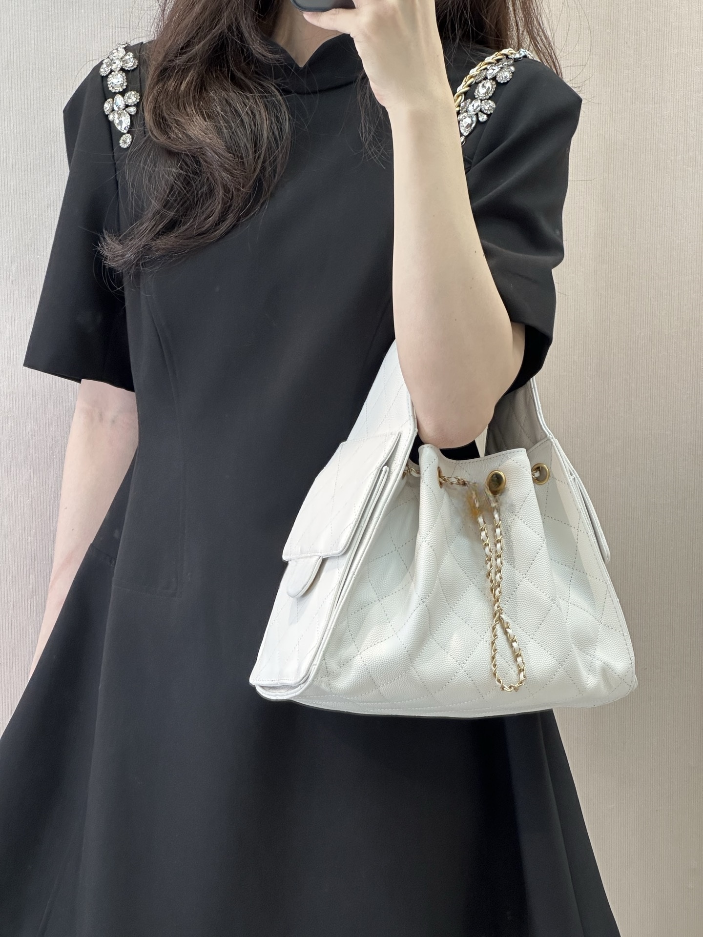 2025 Mirror Quality Caviar Calfskin HoBo Chain Sling Bag Black Women Single Shoulder Crossbody Bags Mini Earphone Pocket Real Leather Designer Ha
