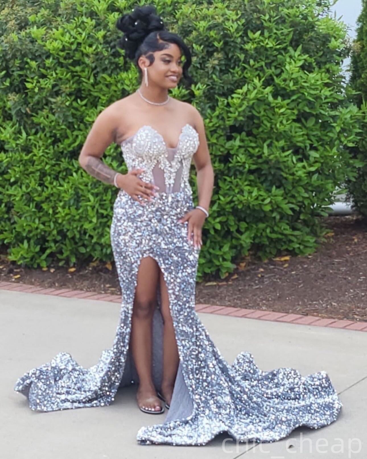 Silver Mermaid Plus Size Prom Dresses 2025 Crystals Sequined High Split Evening Formal Party Second Birthday Engagement Gowns Dress For Special Occasi