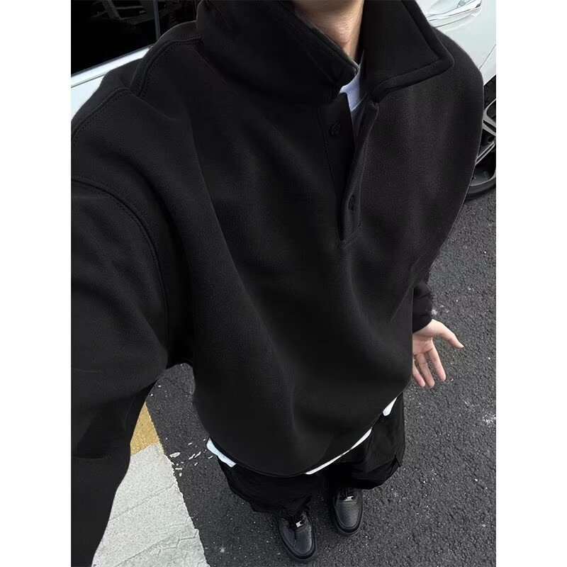 Dark gray polo collar sweatshirt for men in spring autumn, a high-end feel, paired with long sleeved undershirt and American style lapel jacket