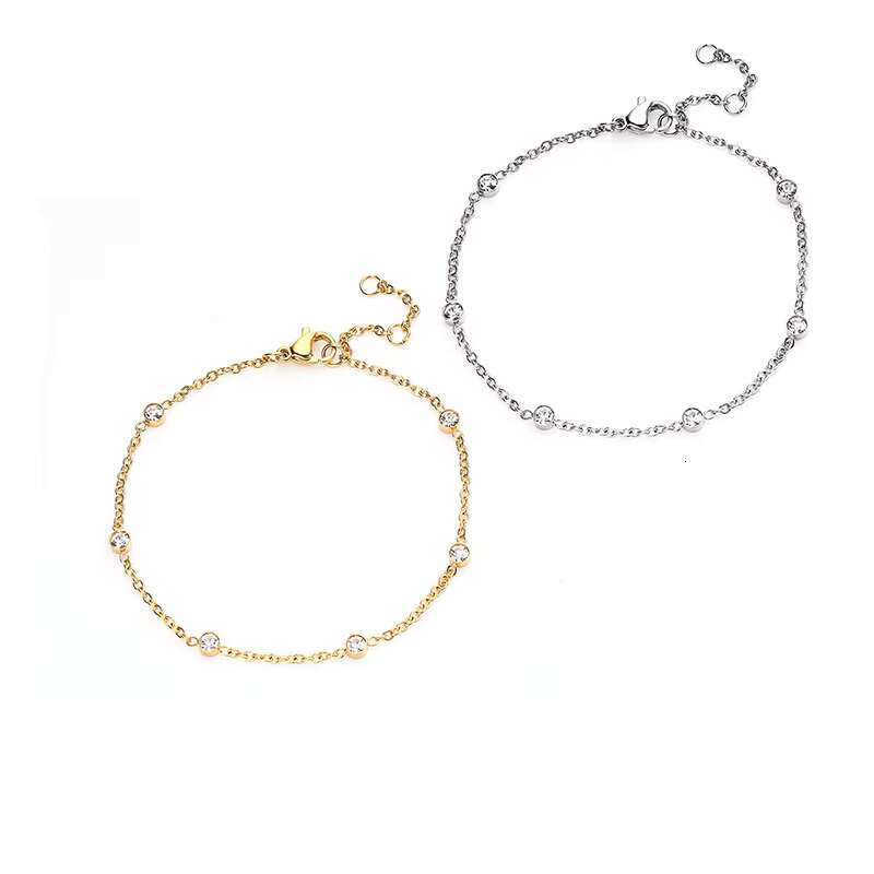 DHcollections Birthday Gift Stainless Steel Women's Shiny Gold Plated Round Zirconia Station Bracelet