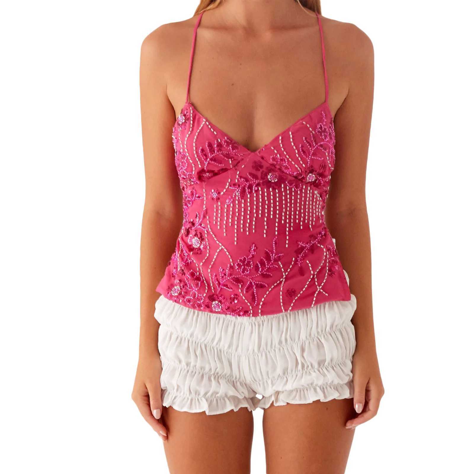 Womens Camisole Sleeveless Tank Tops Sexy Summer Female V-neck Backless Tank Top Ladies Flower Vest Party Club StreetwearXJ250508