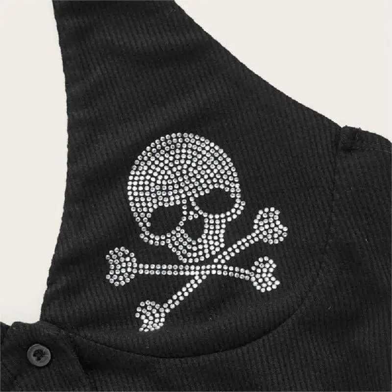 Gothic Emo Girl Camisol Top Aesthetic Skull Rhinestone Printed Folded Crop Top Y2k Retro Punk Womens Tight corset Tank TopXJ250508