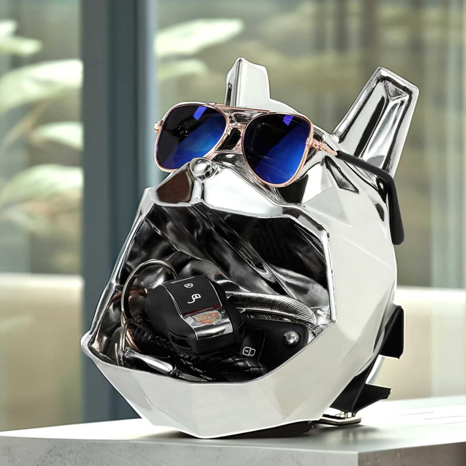 Polygonal Bldog dog shape with storage electroplating gold and silver solid synthetic resin sculpture decoration Y250509