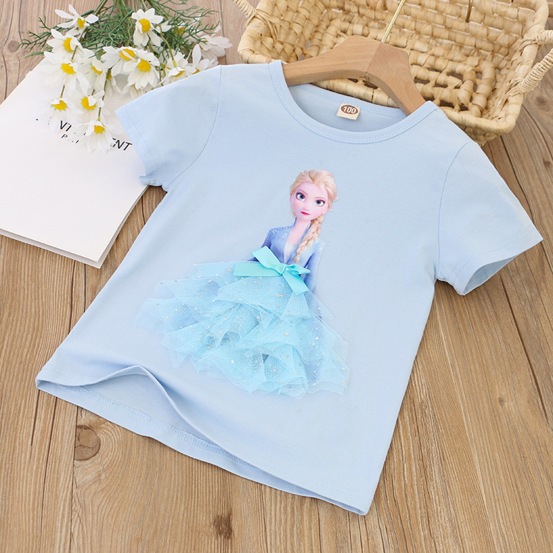 DISNEY Frozen Princess Elsa kids designer clothes toddler designer clothes Children's summer girl short-sleeved T-shirt Comfortable fabric.