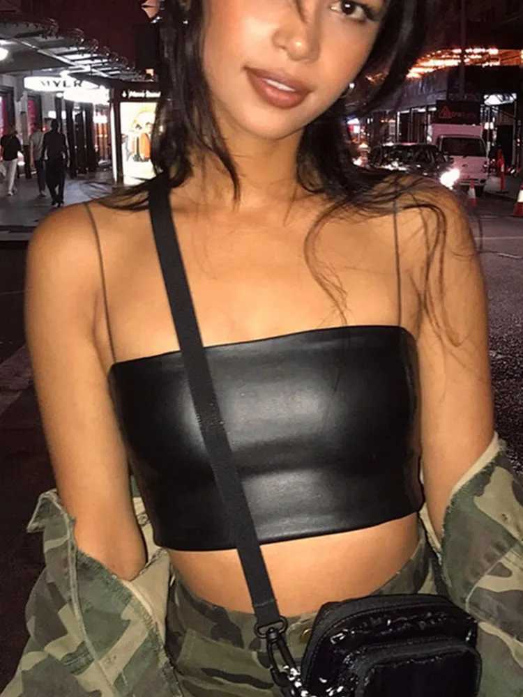 Casual PU leather solid Camisol womens slanted neck womens streetwear cutting top fashion ring shoulder strap black tight summer CamisXJ250508