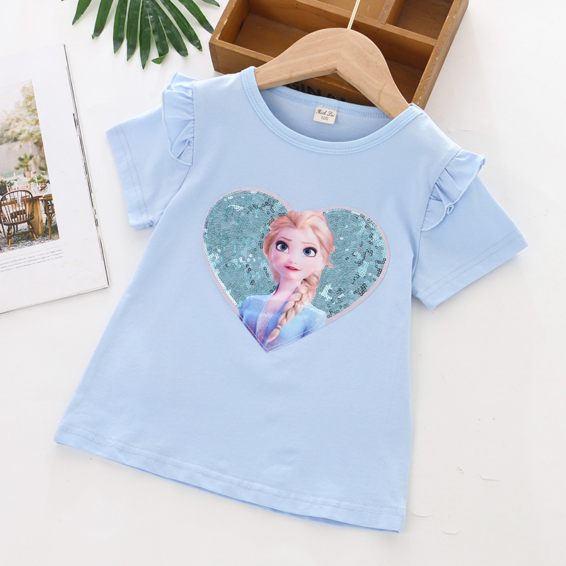 DISNEY Frozen Princess Elsa kids designer clothes Girl summer short-sleeved T-shirt cotton clothes heart sequins pure cotton without label design.