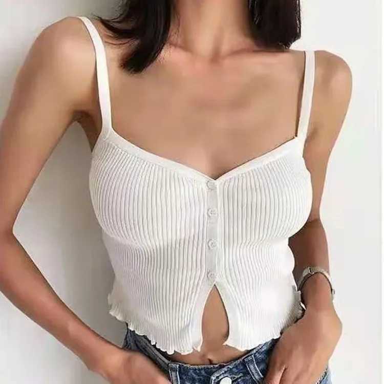 Button Front Cami Tops Lettuce Hem Strappy Ribbed Knit Camisole Women Teengirl Crop Tops 2024 Summer Basic OutfitXJ250508