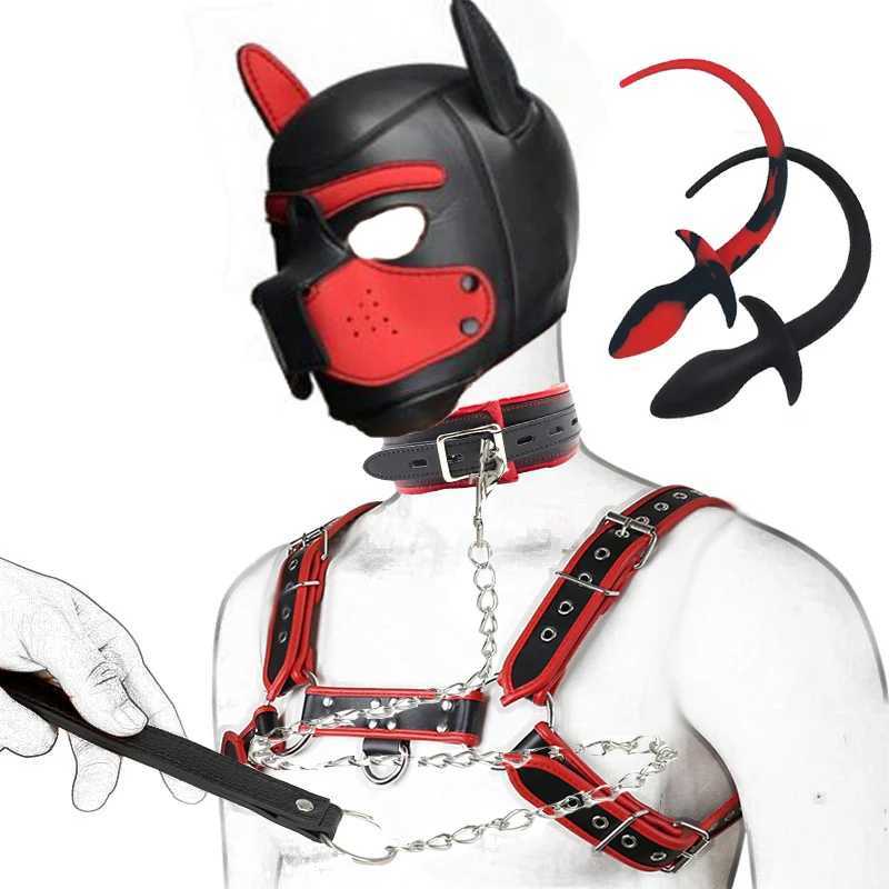 Role Play Costume Puppy Play Dog Hood Party Mask Leather Mens Chest Harness Tail Anal Plug Neck Collar Bdsm Sex Toys for Adults W250509