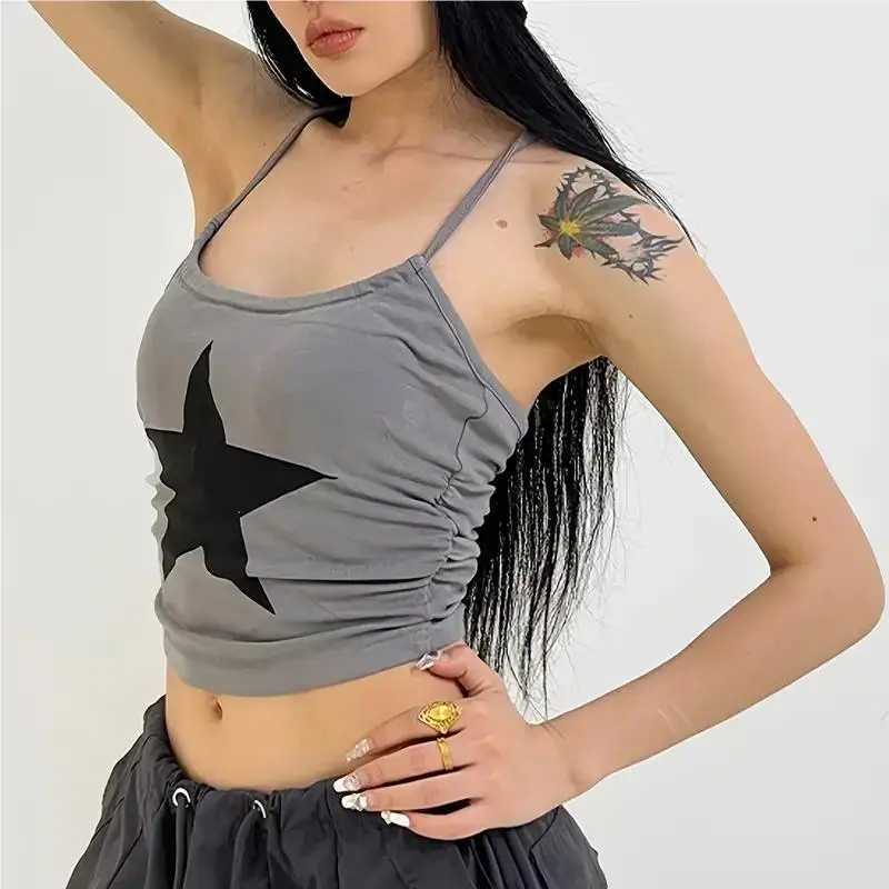 Summer Camisole Slim Vest Sexy Women Sleeveless Crop Top Star Graphic Short Wrinkle Tank Tops Y2K Sleeveless Cool Streetwear NewXJ250508