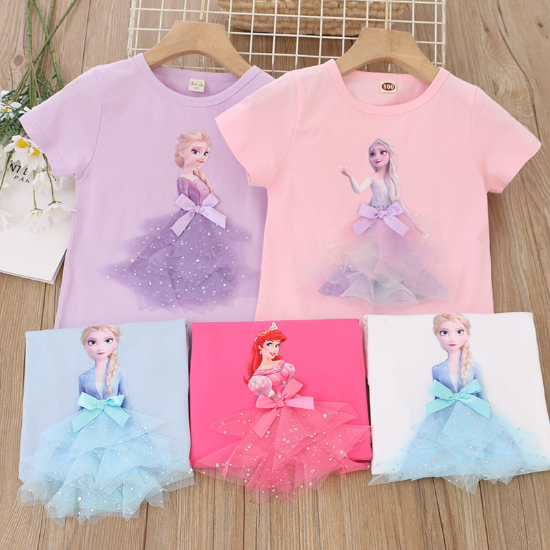 DISNEY Frozen Princess Elsa kids designer clothes toddler designer clothes Children's summer girl short-sleeved T-shirt Comfortable fabric.