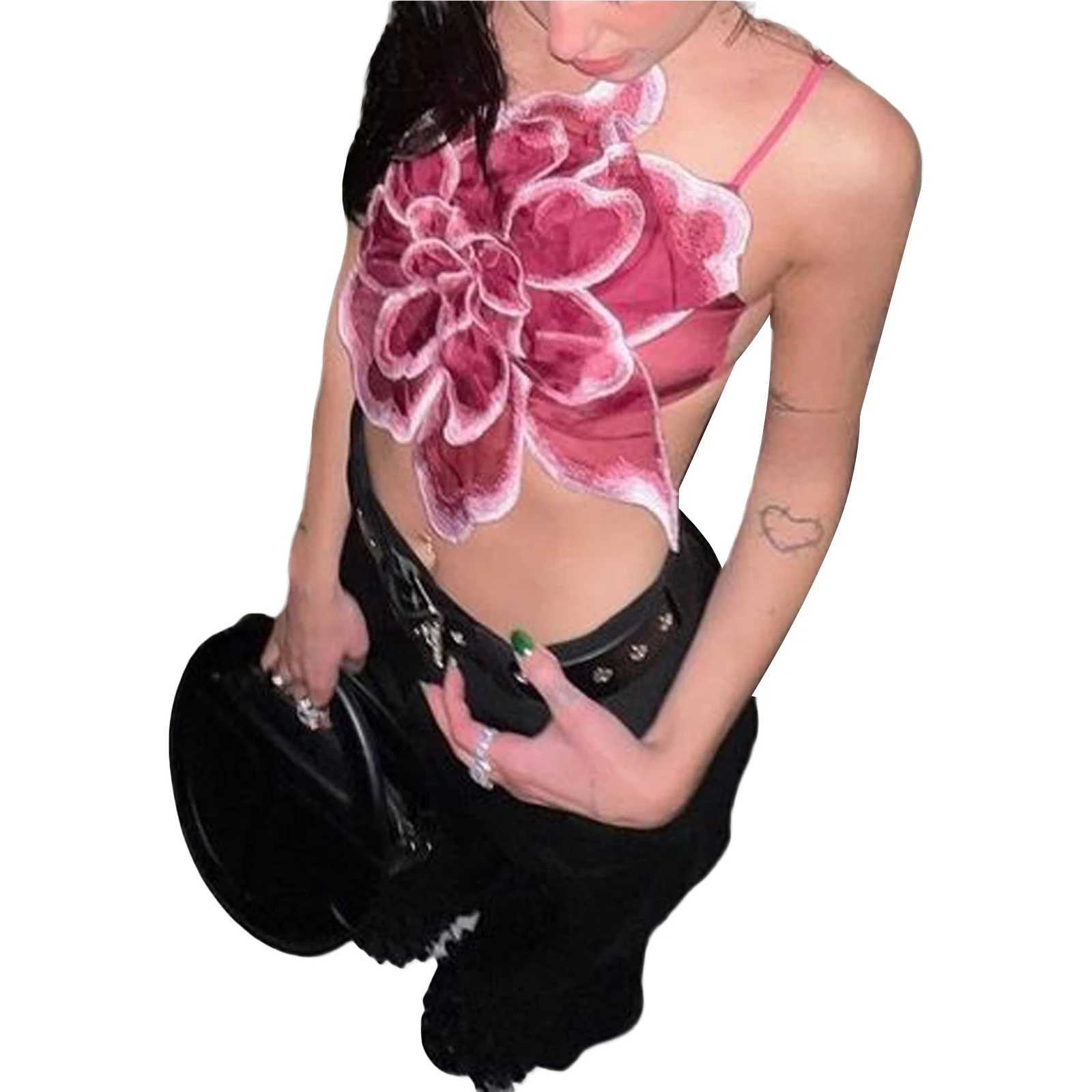 Womens Aesthetic 3D Flower Spaghetti Strap Crop Cami Summer Sleeveless Backless Camisoles Y2k Going Out Party Shirt StreetwearXJ250508