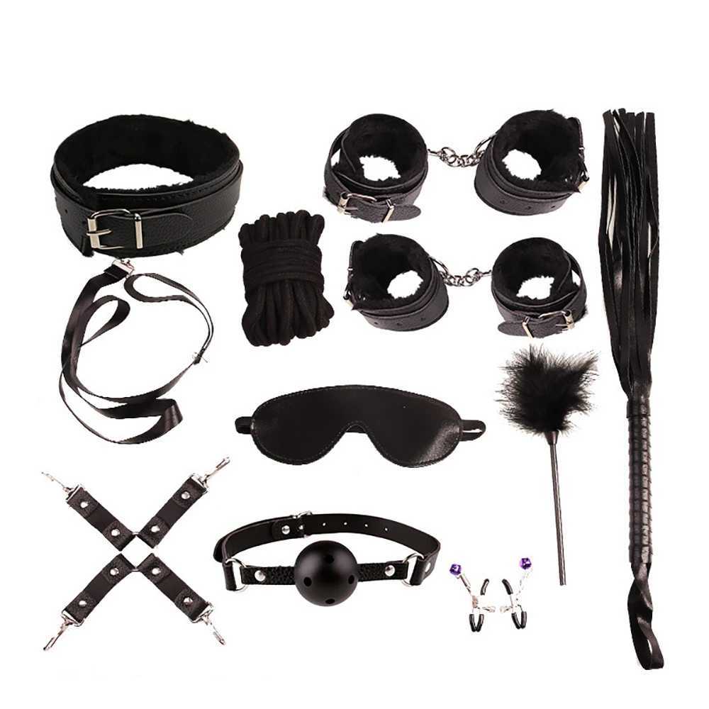 BDSM Bondage Restraint Kit 10 Pieces Leather Handcuffs Ankle Cuffs Collar Whip Ball Gag Blindfold Nipple Clamps Rope for Couples W250509