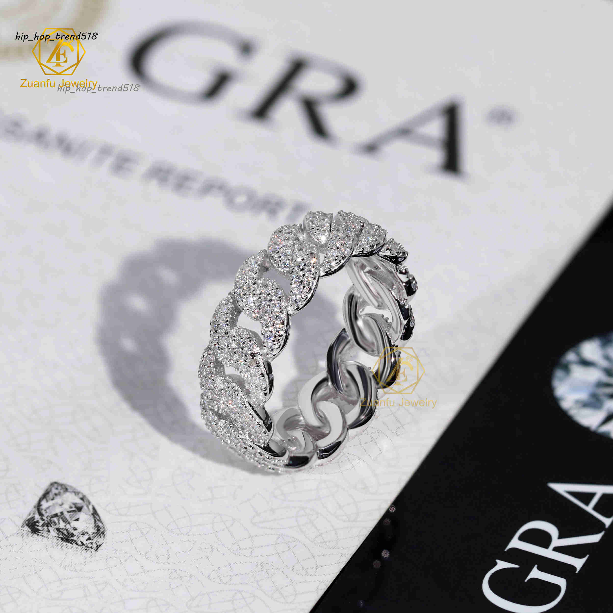Hiphop Jewelry 2 Rows 7mm Width Cuban Link Ring 925 Silver Moissanite Diamond Ice Out Rapper Men Ring
