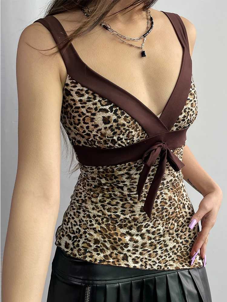 Contrast Patchwork leopard print ultra-thin asymmetrical vest for women V-neck Y2K summer vestXJ250508