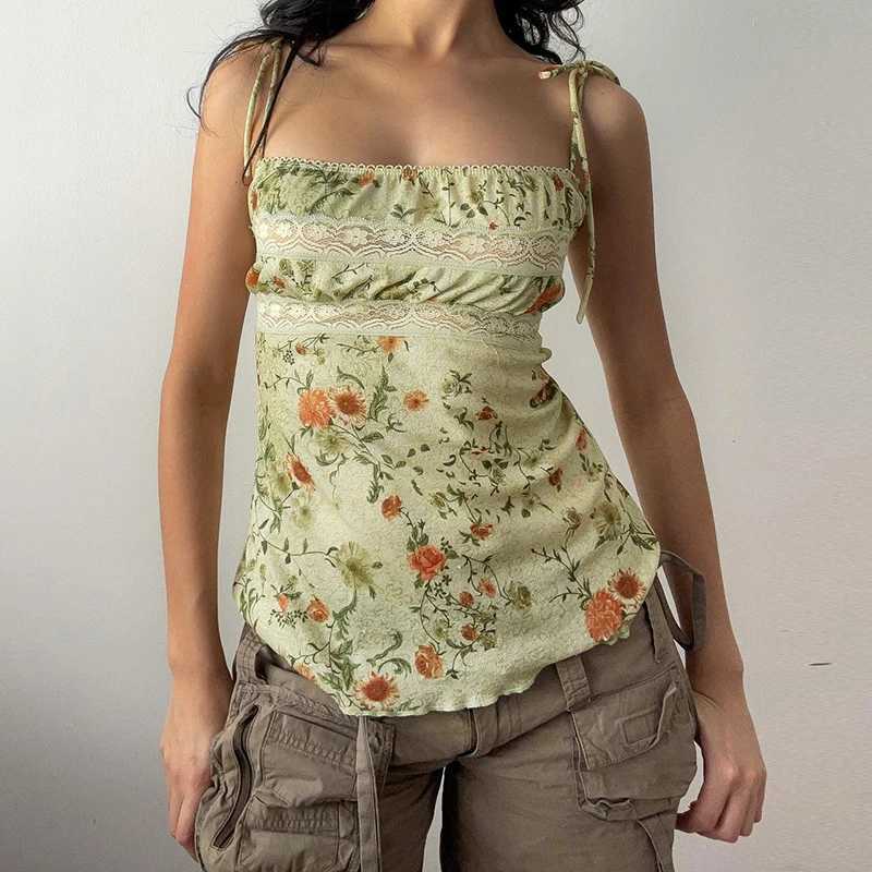 BIIKPIIK Vintage Floral Printed Lace Tank Tops Y2K Retro Bandage Backless Women Camisole Summer Slim Fit Vests Mori Girl OutfitsXJ250508