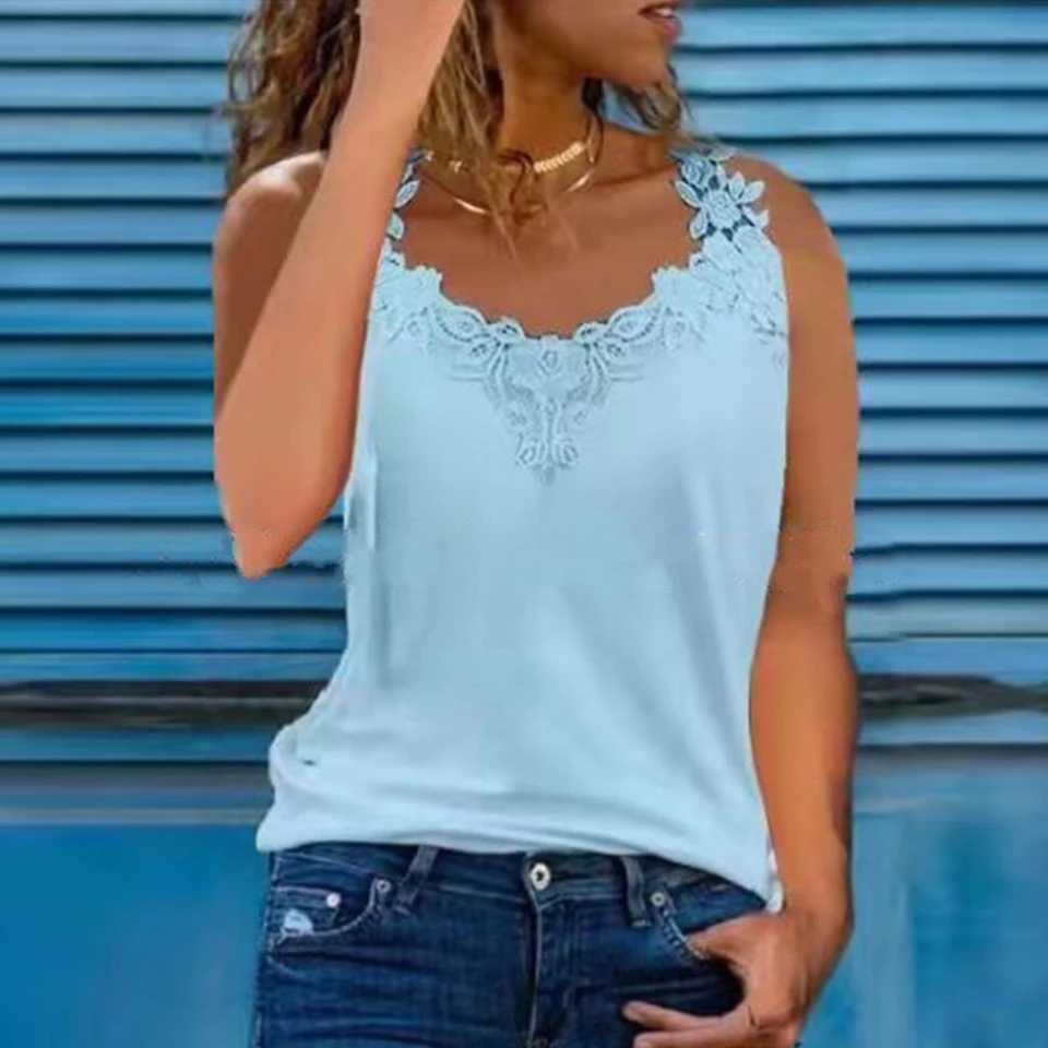 Plus Size Oversized Womens Lace V Neck Tank Tops Ladies Summer Sleeveless Casual Loose Camisole Vest T-Shirt Clothing For FemaleXJ250508