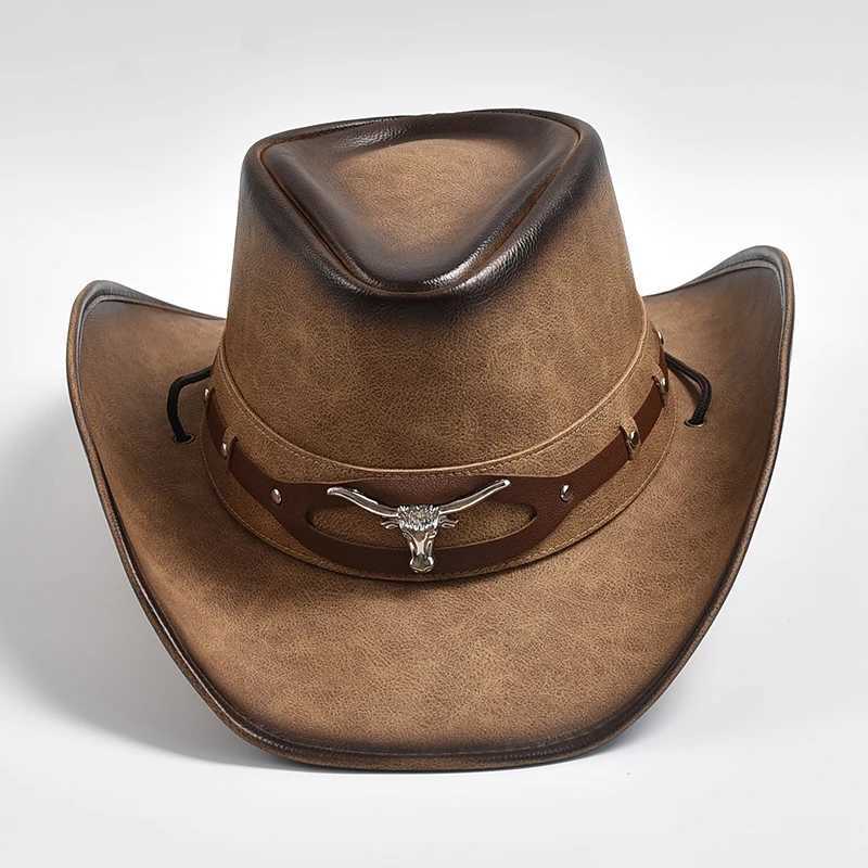 New 100% Leather Western Cowboy Hat Men Wide Brim Gentleman Church Jazz Cap Cowgirl Hats Mens HatXJ250509