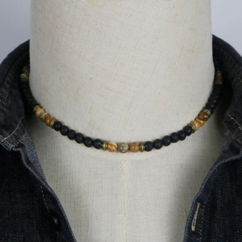 Classic Chakra Necklace Men Natural Lava Stone Collar Tribal Spiritual Colliers Punk Short Choker Mens Boyfriend Gift 250509