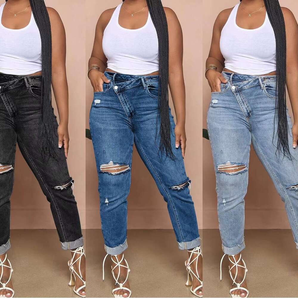DHEssentials Plus Size Women Casual Distressed Stretch Jeans Cutout Jean Joggers High Waisted Ripped Stretchy Denim Pants