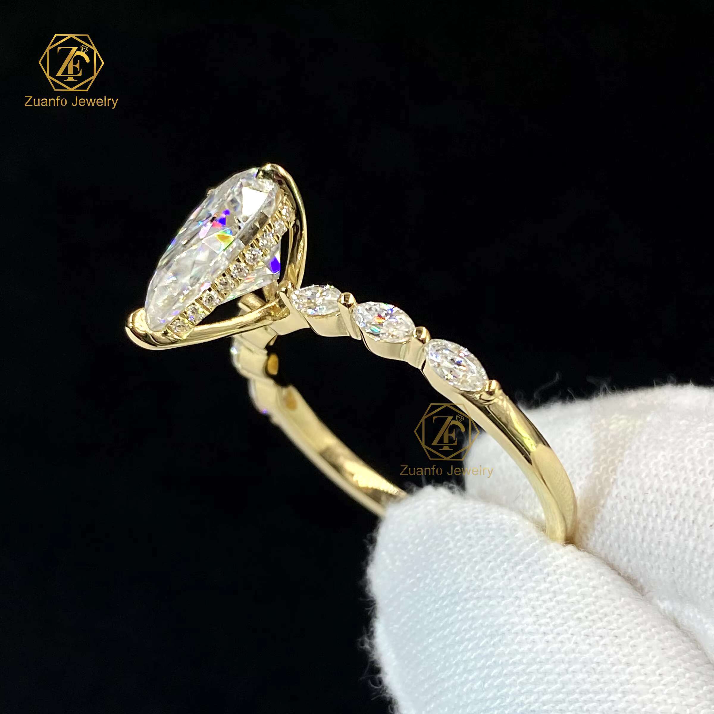 Wholesale 10K 14K 18K Solid Gold Vvs Moissanite Engagement Rings Women 925 Silver Diamond Pear Cut Gold Ring